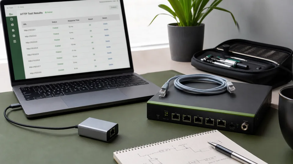 A laptop with a test results table beside network equipment.