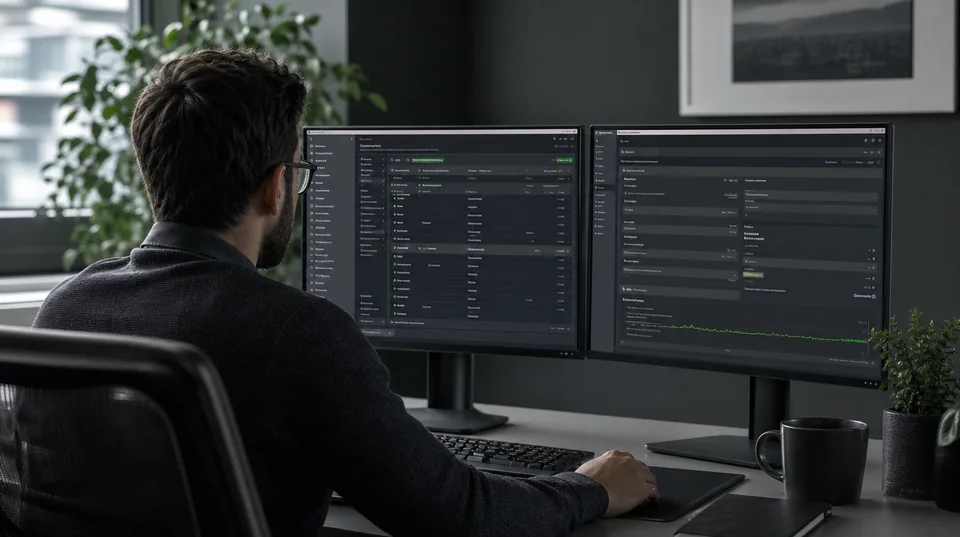 An engineer examining application configuration on two monitors.