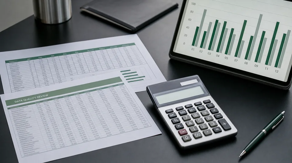 Data tables, a calculator and a tablet prepared for a quality review.