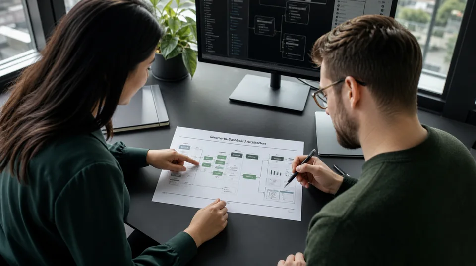 Two colleagues reviewing a source-to-report diagram.