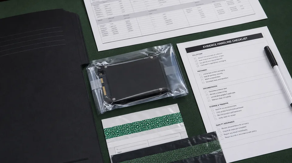 A sealed storage device, delivery records and evidence packaging.