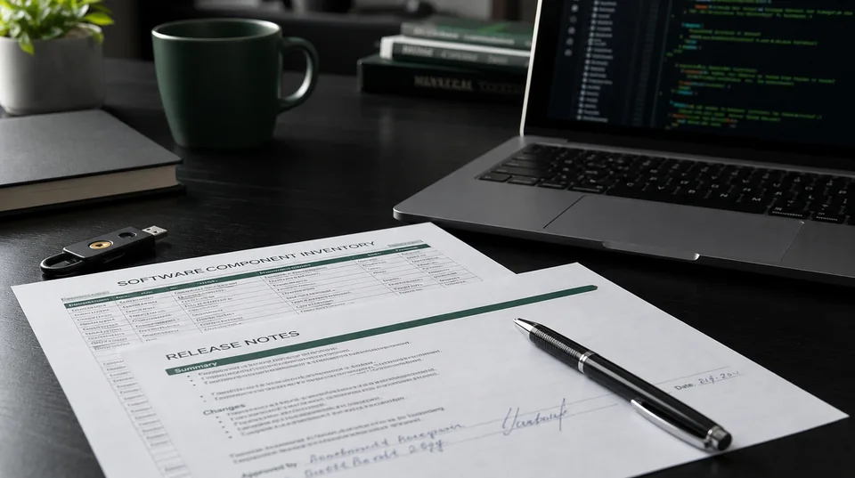 A component inventory and release review documents beside a laptop.
