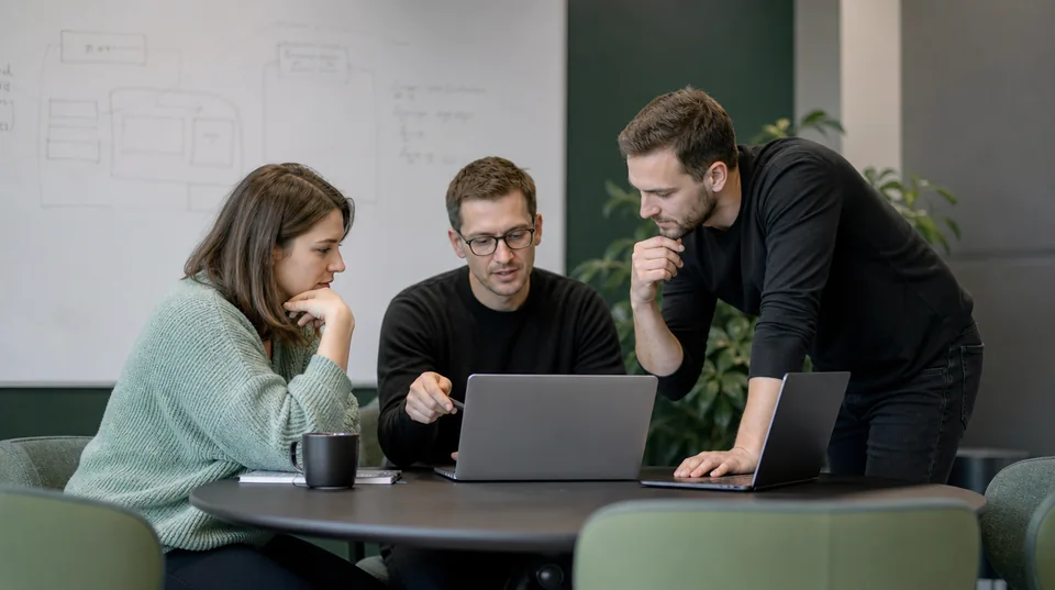 Software engineers reviewing a release together.
