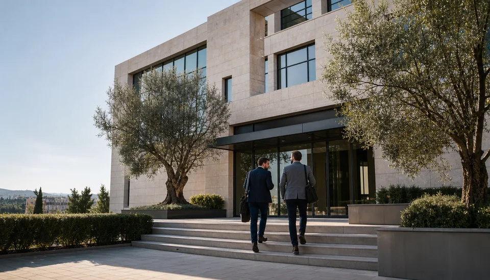 Σύγχρονο κτίριο γραφείων τεχνολογίας με πράσινο και φυσικό φωτισμό.