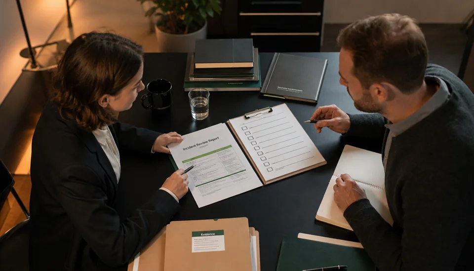 Two privacy consultants reviewing an incident report in a discreet office.