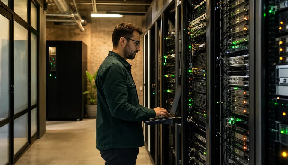 Eye-level view of a modern server room with blinking network equipment