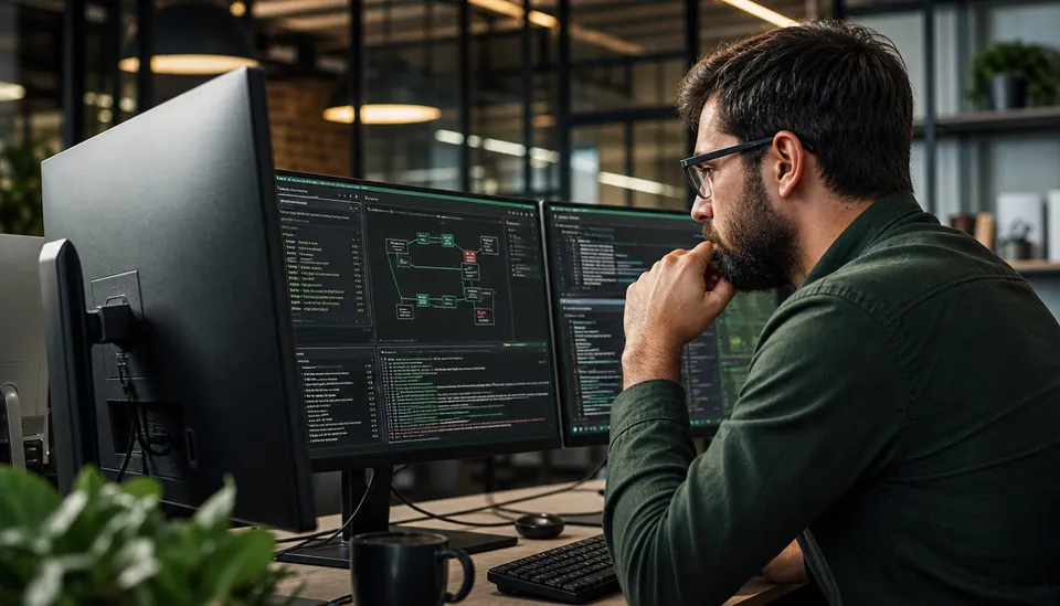 Close-up view of a cybersecurity analyst monitoring AI threat detection software