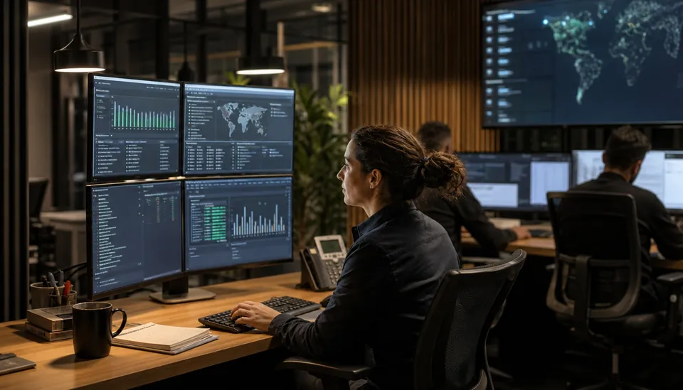 Eye-level view of a cybersecurity operations center with multiple monitors displaying threat analytics