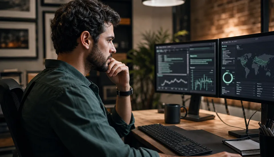 Close-up view of a cybersecurity analyst monitoring threat intelligence dashboards