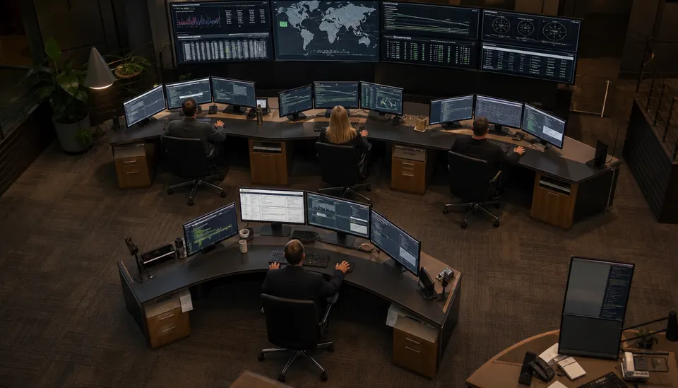 High angle view of a cybersecurity operations center with multiple monitors displaying threat data