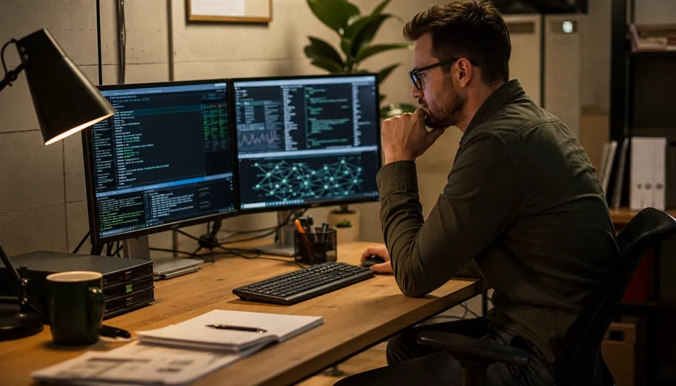 Close-up view of a cybersecurity expert analyzing data on multiple screens