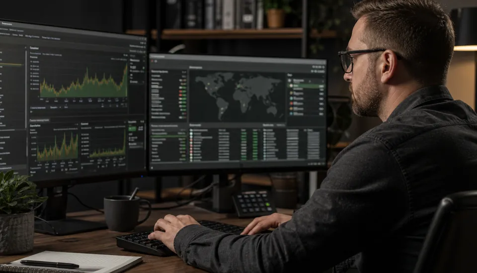 Close-up view of a cybersecurity analyst monitoring threat data on multiple screens