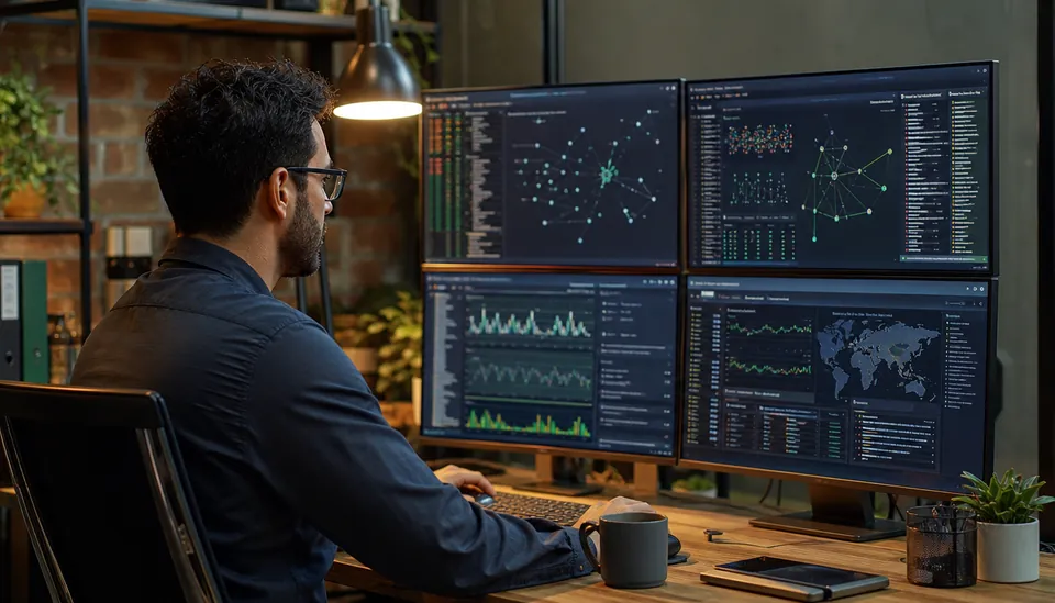 Close-up view of a cybersecurity analyst monitoring multiple screens with network data