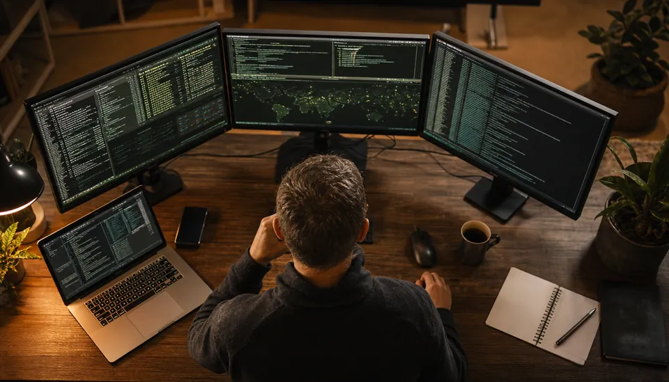 Close-up view of a cybersecurity expert analyzing threat data on multiple screens