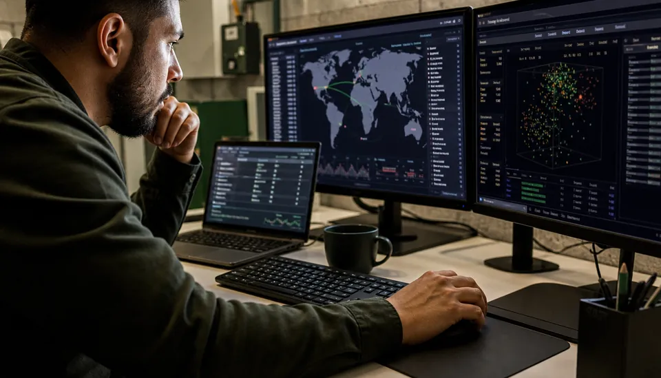 Close-up view of a cybersecurity analyst monitoring threat data on multiple screens