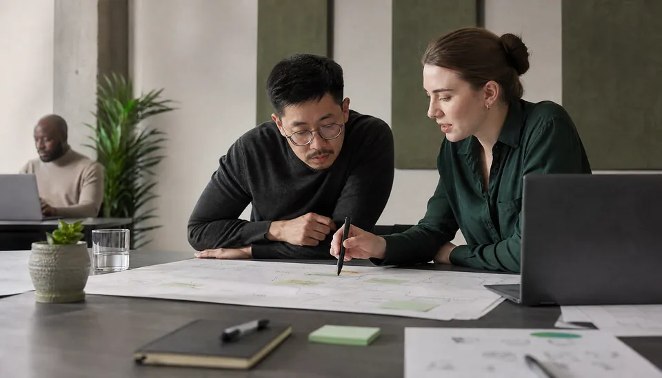 Technology and business colleagues working on a project