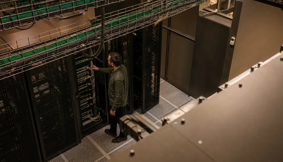 High angle view of a secure server room with advanced cybersecurity infrastructure