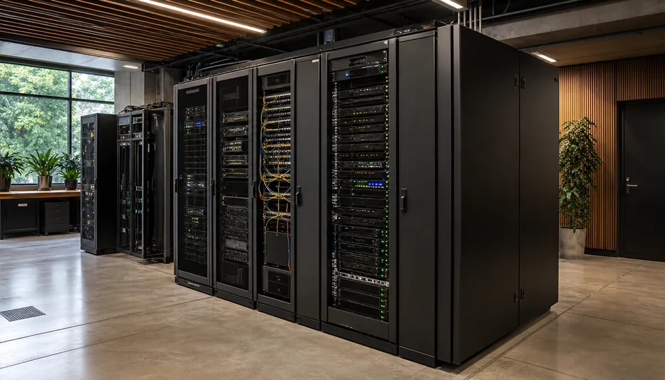 Eye-level view of a server room with network equipment and blinking lights
