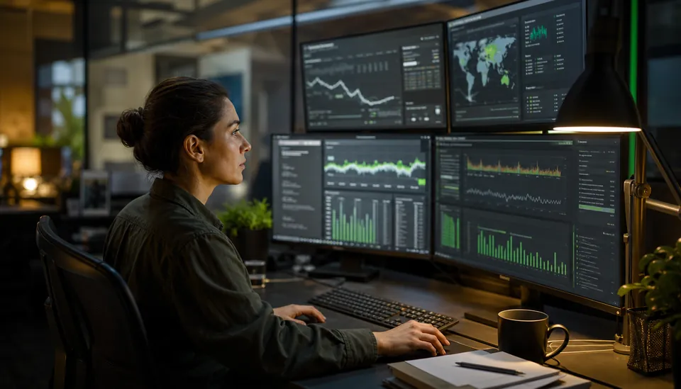 Close-up view of a cybersecurity operations center with multiple monitors displaying AI analytics