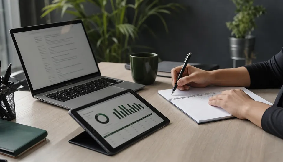 Eye-level view of a modern office workspace with multiple digital devices