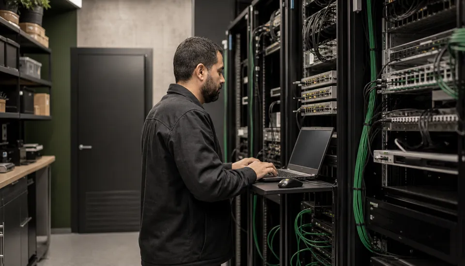 Eye-level view of a server room with cybersecurity equipment