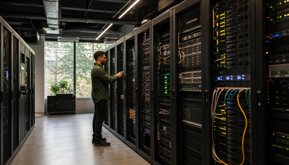 Eye-level view of a server room with blinking network equipment