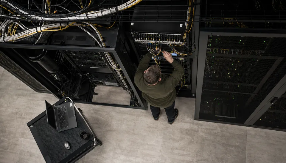 Eye-level view of a server room with blinking network equipment