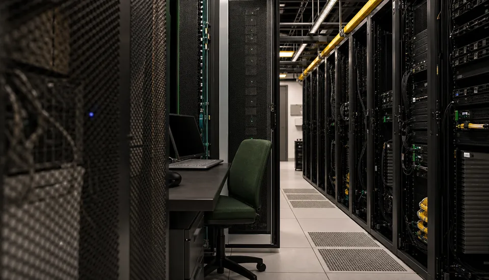 Eye-level view of a server room with advanced cybersecurity equipment