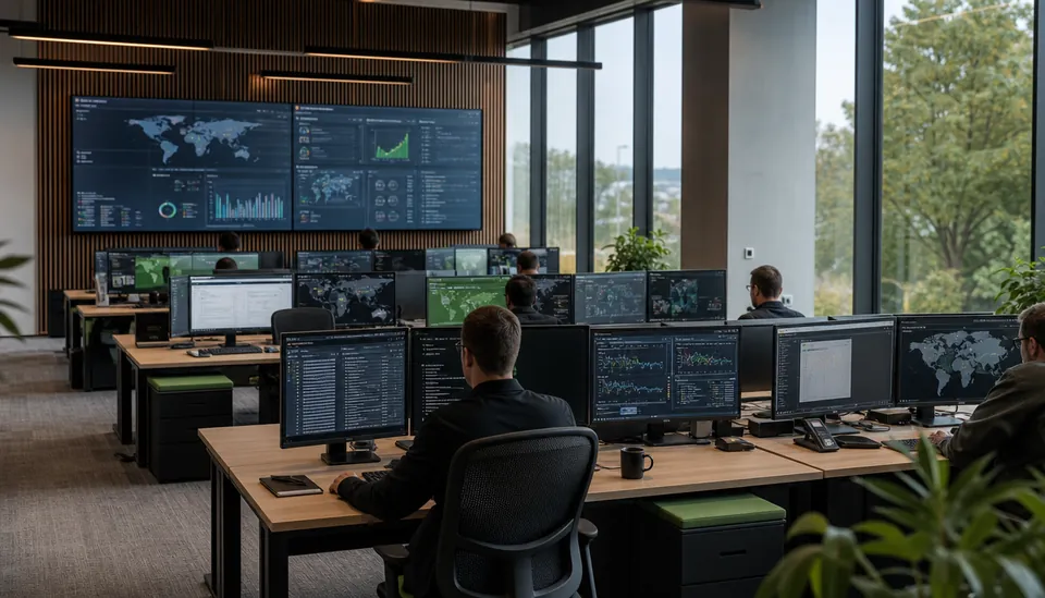 Eye-level view of a cybersecurity operations center with multiple monitors