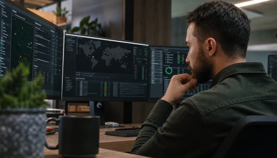 Close-up view of a cybersecurity analyst monitoring multiple screens