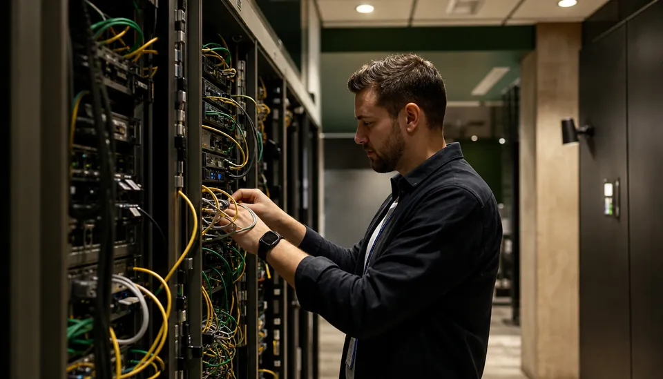 Eye-level view of a secure server room with network cables